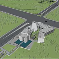 Modern White Sales Office Building With Unique Geometric Design And Tree Surrounded Landscape