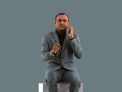 Man Sitting on White Cube in Gray Suit Holding Phone and Pen with Gray Background 3d model
