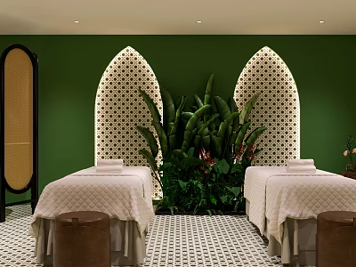 Tranquil Spa Interior With Green Walls Arched Decor Lush Plants Massage Beds And Checkered Floor 3d model
