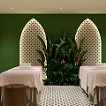 Tranquil Spa Interior With Green Walls Arched Decor Lush Plants Massage Beds And Checkered Floor