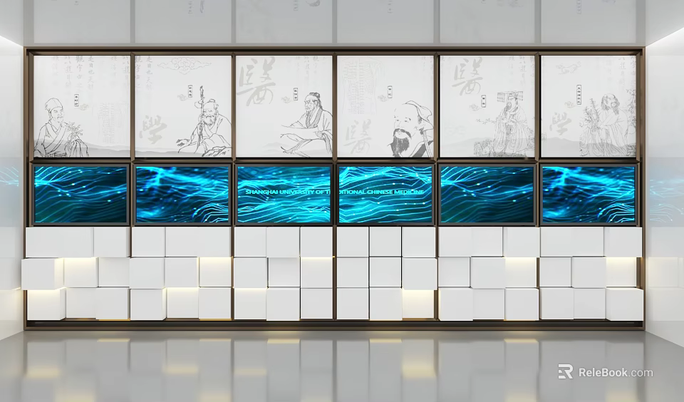 Modern Exhibition Hall Featuring Blue Wave Screens And White Square Wall Panels 3d model 