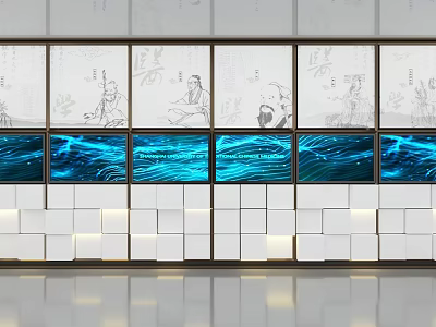 Modern Exhibition Hall Featuring Blue Wave Screens And White Square Wall Panels 3d model