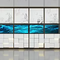 Modern Exhibition Hall Featuring Blue Wave Screens And White Square Wall Panels