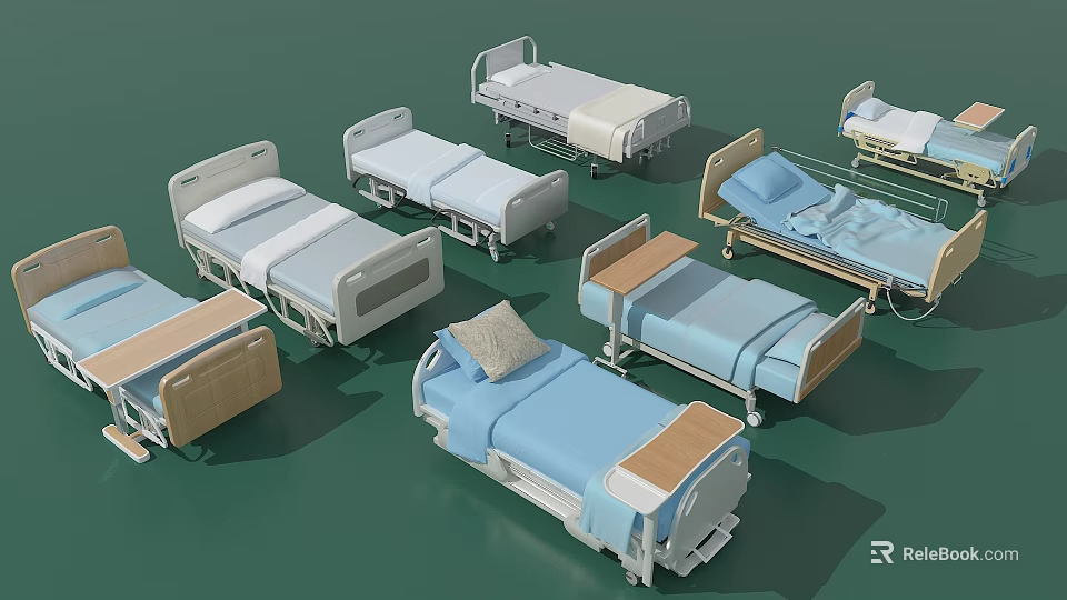 Various Single Bed Designs With Adjustable Frames Blue White Mattresses And Side Tables 3d model 