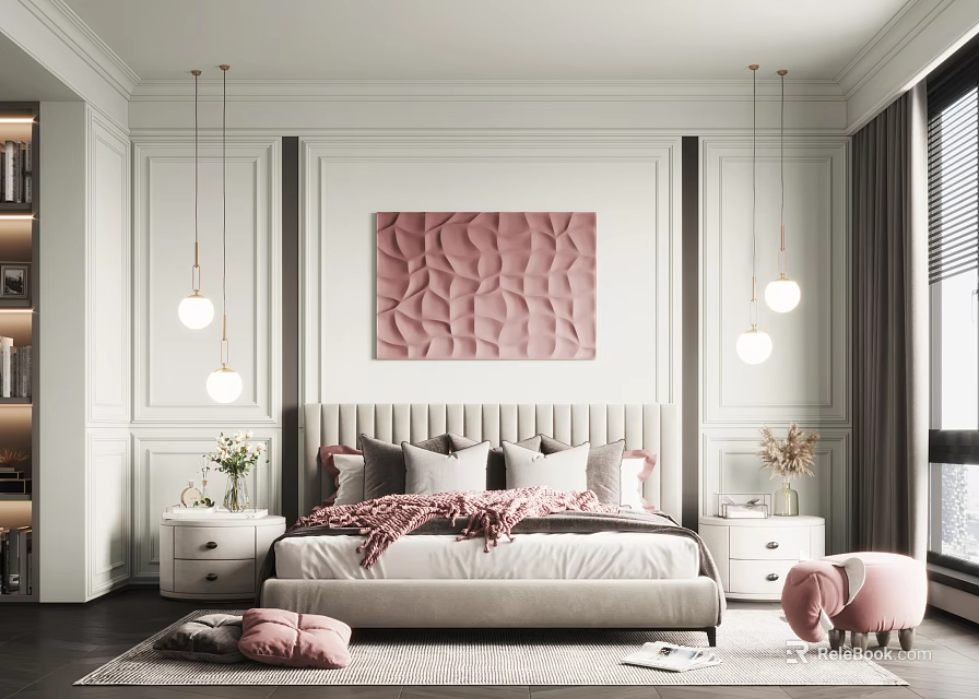 Modern Bedroom Interior With White Walls Pink Textured Painting And Hanging Pendant Lights 3d model 
