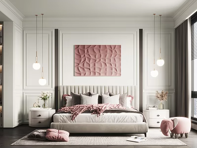 Modern Bedroom Interior With White Walls Pink Textured Painting And Hanging Pendant Lights 3d model