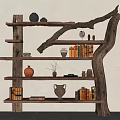Natural Wooden Log Shelf With Multiple Layers Holding Books Pottery And Decorative Items