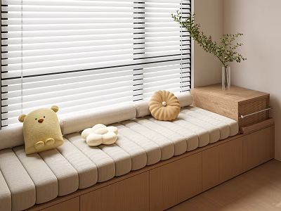 Cozy Bay Window Seat With White Blinds Stuffed Bear Cloud Shaped Cushions And Wooden Cabinets 3d model