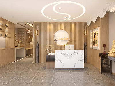 Modern Chinese Style Shop Front Desk With Wooden Walls Circular Decor And Marble Countertop 3d model