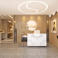Modern Chinese Style Shop Front Desk With Wooden Walls Circular Decor And Marble Countertop