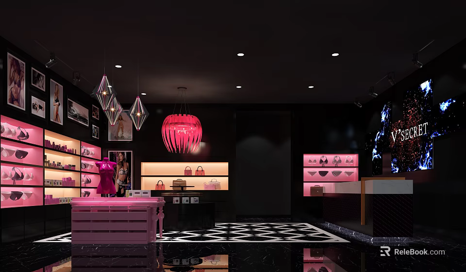 Modern Clothing Store Interior With Pink Pendant Light Display Racks And Fashion Accessories 3d model 