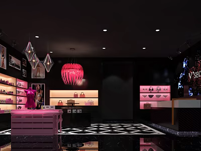Modern Clothing Store Interior With Pink Pendant Light Display Racks And Fashion Accessories 3d model
