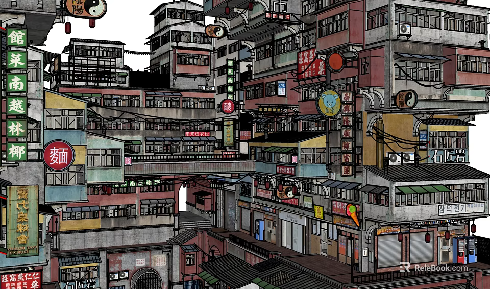 Traditional Commercial Street With Chinese Style Signs Lanterns Dense Shops And Multi Story Buildings 3d model 