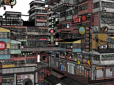 Traditional Commercial Street With Chinese Style Signs Lanterns Dense Shops And Multi Story Buildings 3d model