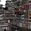 Traditional Commercial Street With Chinese Style Signs Lanterns Dense Shops And Multi Story Buildings
