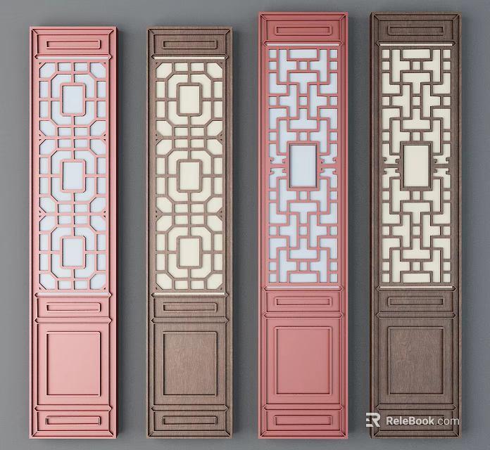 Traditional Wooden Flush Doors With Lattice Design And Glass Panels In Various Colors 3d model 