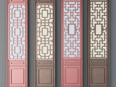 Traditional Wooden Flush Doors With Lattice Design And Glass Panels In Various Colors 3d model