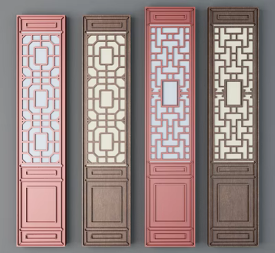 Traditional Wooden Flush Doors With Lattice Design And Glass Panels In Various Colors 3d model
