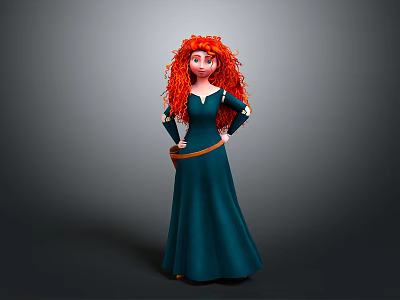 Red Curly Haired Woman In Teal Long Dress Standing With Hands On Hips Pose 3d model