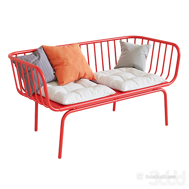 Red Metal Frame Multi-Seat Sofa With White Cushions And Gray Striped Orange Light Gray Pillows 3d model 