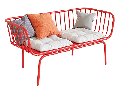 Red Metal Frame Multi-Seat Sofa With White Cushions And Gray Striped Orange Light Gray Pillows 3d model
