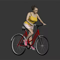 Woman Riding Red Bicycle In Yellow Tank Top White Shorts Pink Sneakers Gray Background