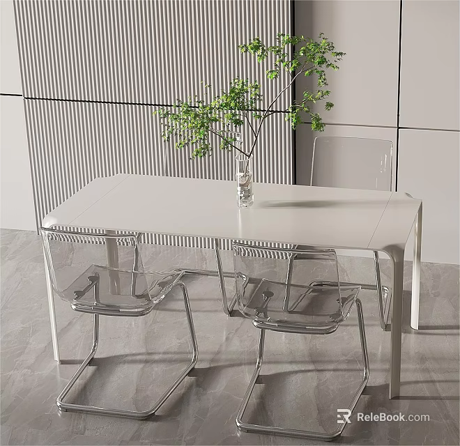 Modern Minimalist Dining Table Set With White Tabletop Transparent Chairs And Green Plant Vase 3d model 