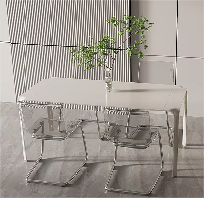 Modern Minimalist Dining Table Set With White Tabletop Transparent Chairs And Green Plant Vase 3d model
