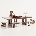 Solid Wood Tea Table with Matching Chairs and Bench for Traditional Tea Ceremony 3d model