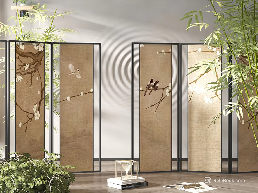 Elegant Decorative Room Divider Screen With Floral Bird Artwork Wooden Frame And Bamboo Accents 3d model 