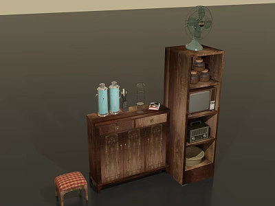 Vintage Wooden Furniture Set With Low Cabinet Tall Shelf Small Stool And Decorative Items 3d model