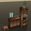 Vintage Wooden Furniture Set With Low Cabinet Tall Shelf Small Stool And Decorative Items
