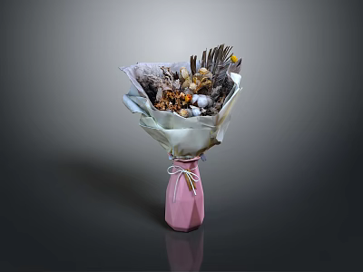 Sculpted Dried Flower Bouquet In Pink Vase With White Wrapping Paper And Natural Tones 3d model