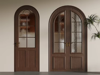 Brown Arched Wooden Doors With Glass Panels And Potted Plant Interior 3d model