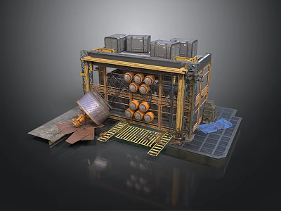 Industrial Mechanical Structure With Metal Frame Square Boxes Circular Canisters And Yellow Grid Floor 3d model