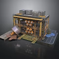 Industrial Mechanical Structure With Metal Frame Square Boxes Circular Canisters And Yellow Grid Floor