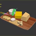 Decorative Ornament Set With Wooden Tray Various Shaped Cheese Blocks Knife Grapes And Bowl