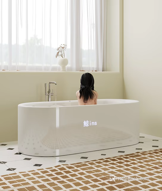 Freestanding White Bathtub Interior with Child and Chrome Faucet Near Window Curtain and Vase 3d model 