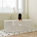 Freestanding White Bathtub Interior with Child and Chrome Faucet Near Window Curtain and Vase