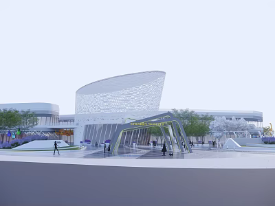 Modern Public Building With Curved Perforated Facade And Pedestrian Plaza With Greenery 3d model