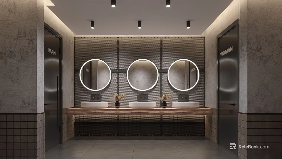 Modern Public Restroom Design Featuring Three Round Mirrors Ring Lights Wooden Countertop And Tiled Walls 3d model 