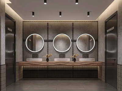 Modern Public Restroom Design Featuring Three Round Mirrors Ring Lights Wooden Countertop And Tiled Walls 3d model