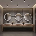 Modern Public Restroom Design Featuring Three Round Mirrors Ring Lights Wooden Countertop And Tiled Walls