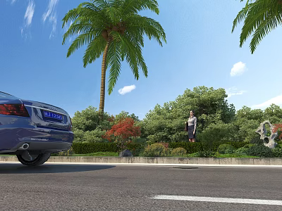 Municipal Road Scene Featuring Blue Car Palm Trees Lush Greenery and Blue Sky 3d model