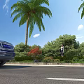 Municipal Road Scene Featuring Blue Car Palm Trees Lush Greenery and Blue Sky