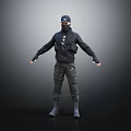 Man In Black Tactical Outfit With Hoodie Goggles And Open Arms Standing Pose