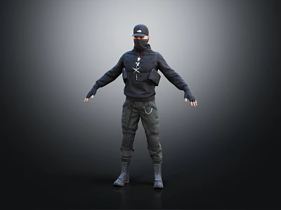 Man In Black Tactical Outfit With Hoodie Goggles And Open Arms Standing Pose 3d model