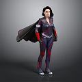 Female Character Standing In Dark Tight Suit With Red Accents And Black Cape