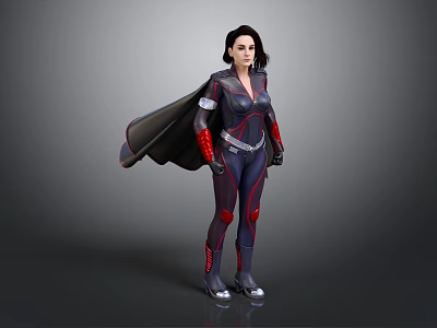 Female Character Standing In Dark Tight Suit With Red Accents And Black Cape 3d model