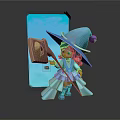 Cute Wizard Character With Blue Hat Broomstick And Wooden Board Near Blue Door